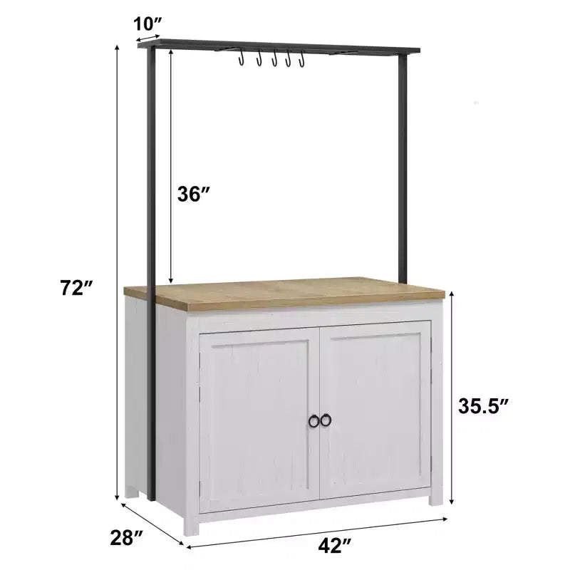 Îlot de cuisine avec rangement 107 cm – Chariot de cuisine robuste, îlot de cuisine mobile avec étagères à 2 niveaux et 5 crochets, plan de travail en bois massif pour petits espaces