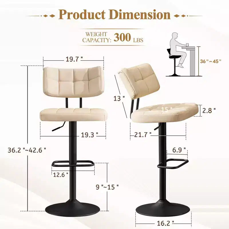 Furniliving Lot de 2 tabourets de bar modernes pivotants, revêtement en similicuir, réglables en hauteur pour îlot de cuisine, salle à manger