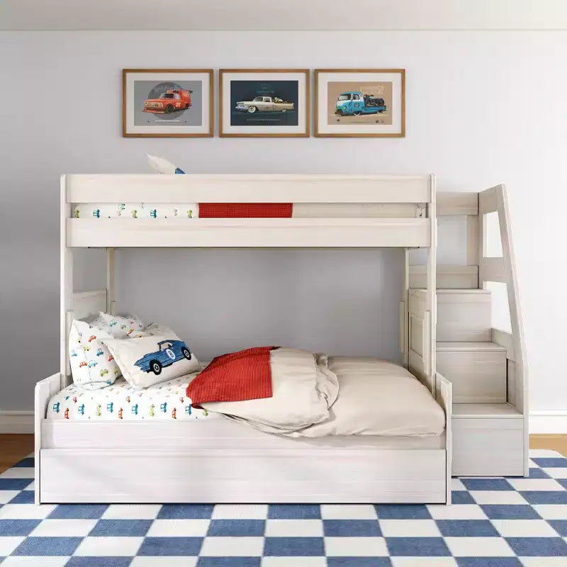 Lit superposé double sur double de style ferme moderne avec escalier et lit gigogne