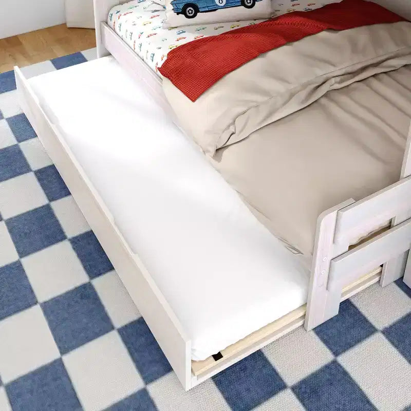 Lit superposé double sur double de style ferme moderne avec escalier et lit gigogne