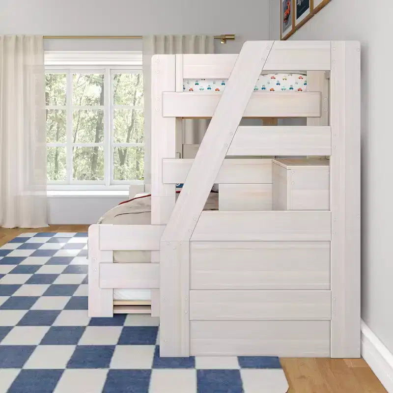 Lit superposé double sur double de style ferme moderne avec escalier et lit gigogne