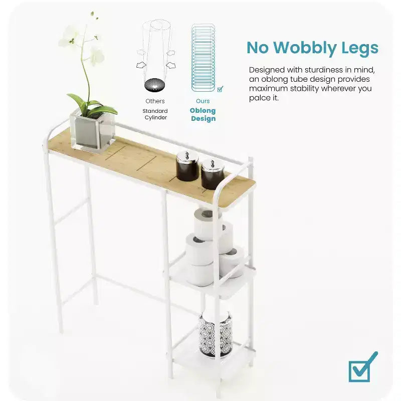 Organisateur de rangement à 3 niveaux Home Zone Living pour-dessus de toilettes avec plateau en bambou et cadre en acier, étagère de salle de bain autoportante, finition blanche