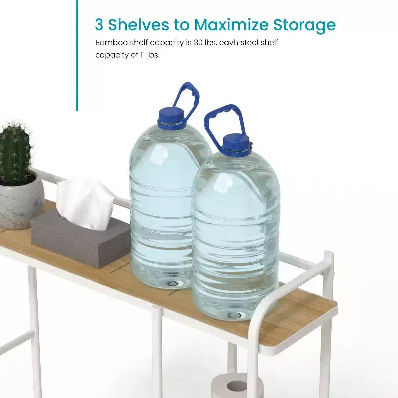 Organisateur de rangement à 3 niveaux Home Zone Living pour-dessus de toilettes avec plateau en bambou et cadre en acier, étagère de salle de bain autoportante, finition blanche