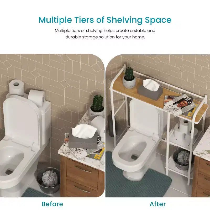 Organisateur de rangement à 3 niveaux Home Zone Living pour-dessus de toilettes avec plateau en bambou et cadre en acier, étagère de salle de bain autoportante, finition blanche