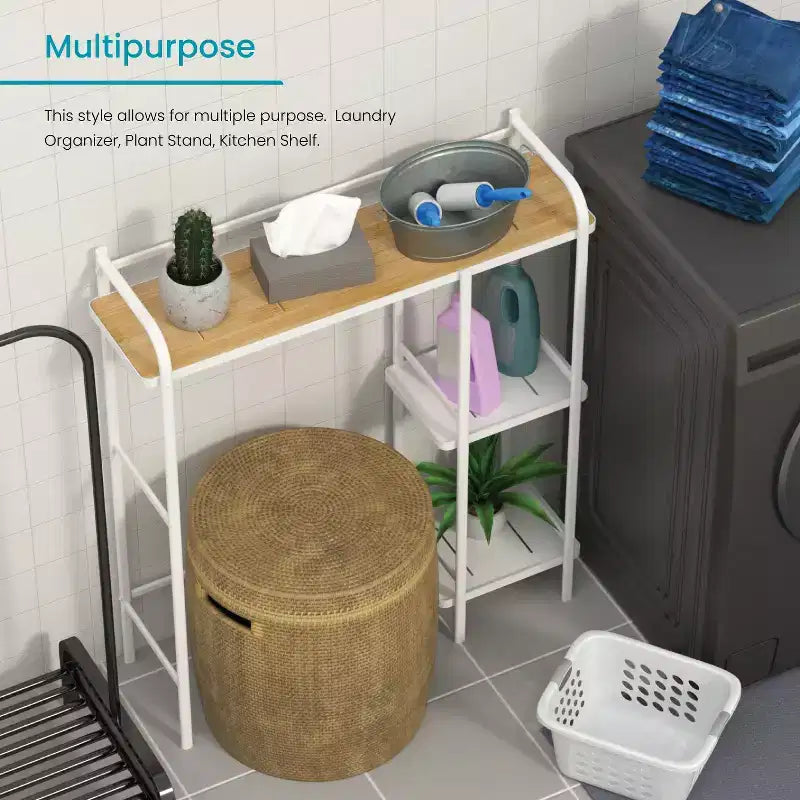 Organisateur de rangement à 3 niveaux Home Zone Living pour-dessus de toilettes avec plateau en bambou et cadre en acier, étagère de salle de bain autoportante, finition blanche