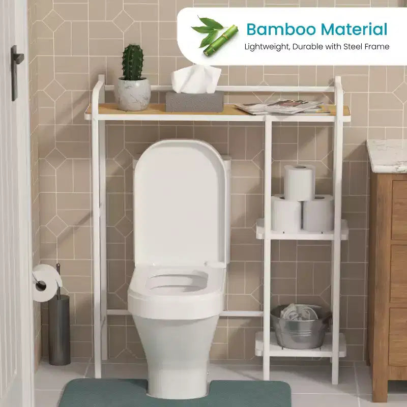 Organisateur de rangement à 3 niveaux Home Zone Living pour-dessus de toilettes avec plateau en bambou et cadre en acier, étagère de salle de bain autoportante, finition blanche