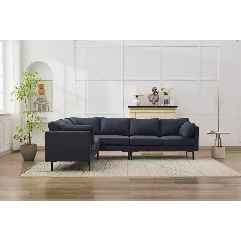 Canapé d'angle en forme de L MAYEERTY 106 pouces de large, convertible, 6 places, avec 2 coussins, en lin moderne, pieds en métal pour salon/appartement