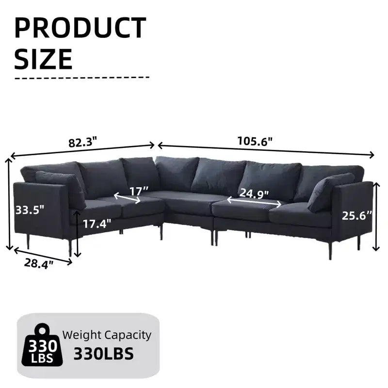 Canapé d'angle en forme de L MAYEERTY 106 pouces de large, convertible, 6 places, avec 2 coussins, en lin moderne, pieds en métal pour salon/appartement