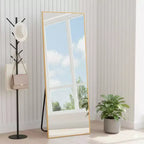 Miroir pleine longueur MAYEERTY en aluminium 57x20in, Or, Angle droit, Verre trempé, Avec support