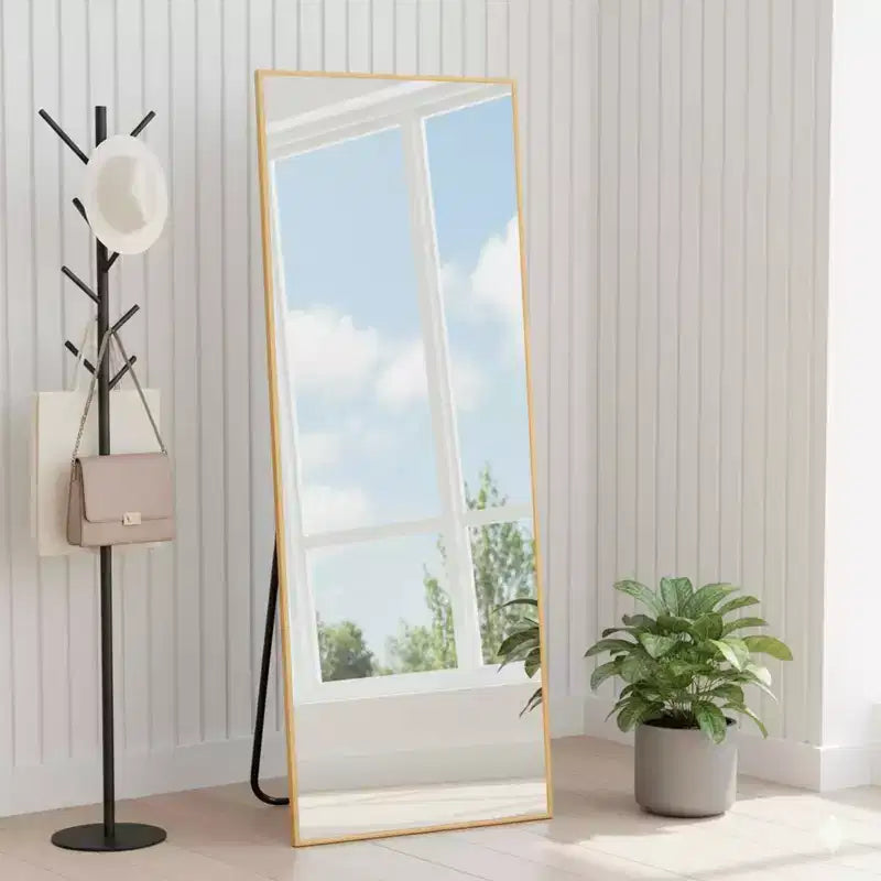 Miroir pleine longueur MAYEERTY en aluminium 57x20in, Or, Angle droit, Verre trempé, Avec support