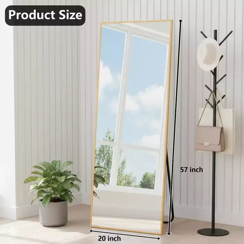 Miroir pleine longueur MAYEERTY en aluminium 57x20in, Or, Angle droit, Verre trempé, Avec support