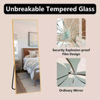 Miroir pleine longueur MAYEERTY en aluminium 57x20in, Or, Angle droit, Verre trempé, Avec support