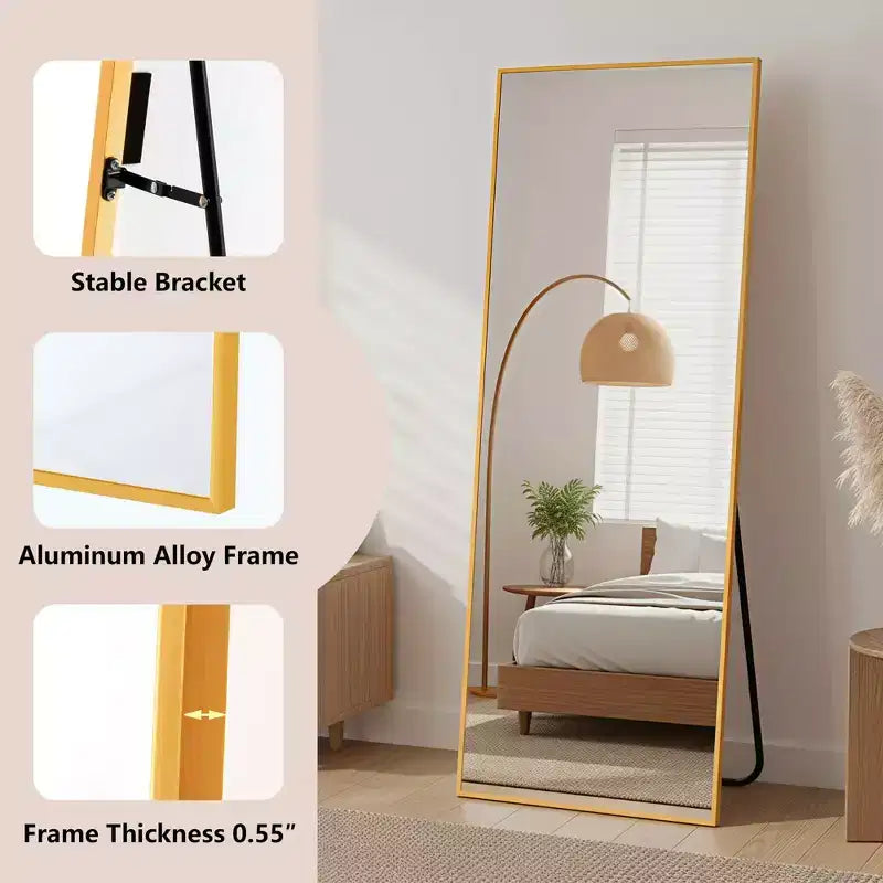 Miroir pleine longueur MAYEERTY en aluminium 57x20in, Or, Angle droit, Verre trempé, Avec support