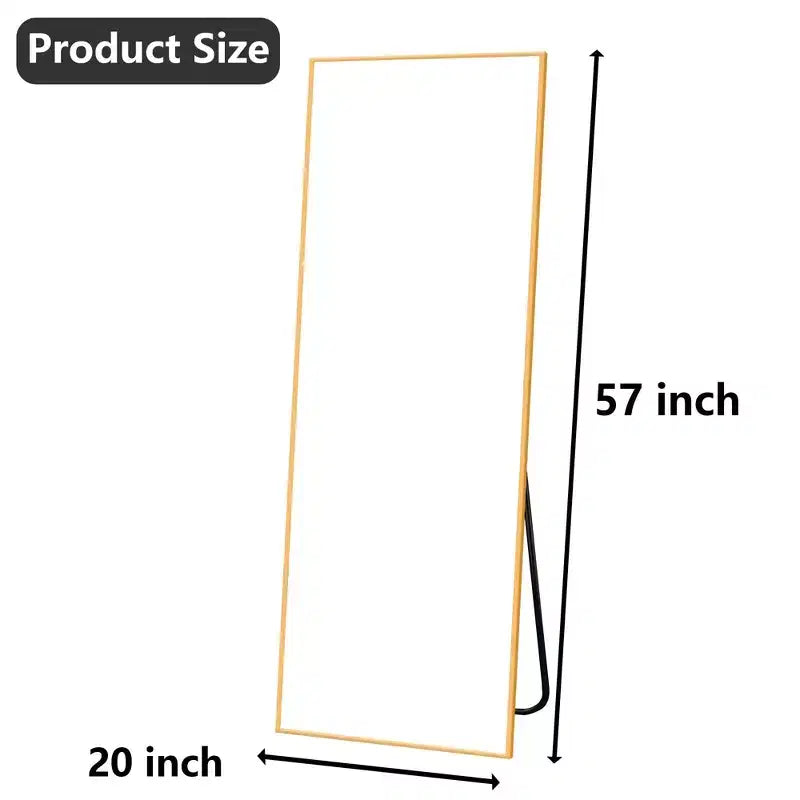 Miroir pleine longueur MAYEERTY en aluminium 57x20in, Or, Angle droit, Verre trempé, Avec support