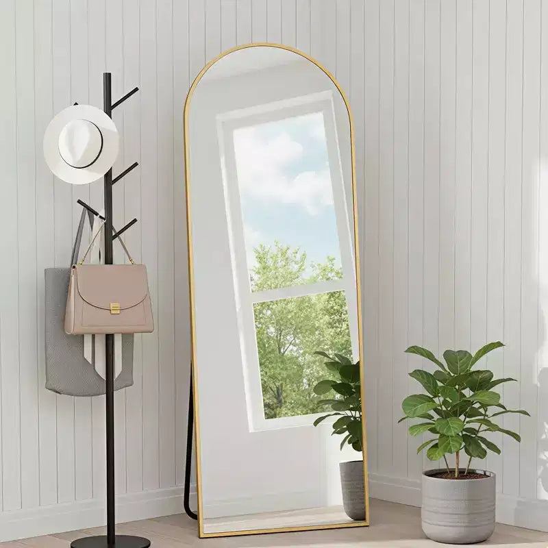 MAYEERTY Miroir pleine longueur en aluminium 145x50cm, doré, forme arche, verre trempé, avec support
