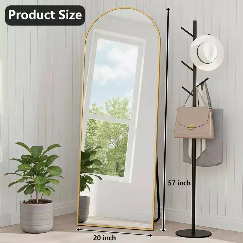 MAYEERTY Miroir pleine longueur en aluminium 145x50cm, doré, forme arche, verre trempé, avec support