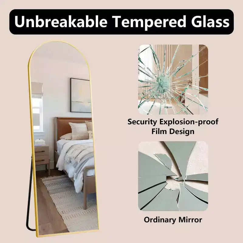 MAYEERTY Miroir pleine longueur en aluminium 145x50cm, doré, forme arche, verre trempé, avec support