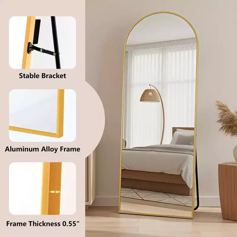 MAYEERTY Miroir pleine longueur en aluminium 145x50cm, doré, forme arche, verre trempé, avec support