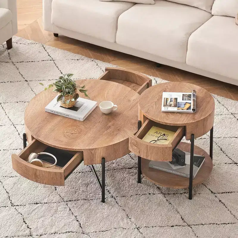 Round Coffee Table with Drawers Farmhouse Coffee Table with Storage Wood Accent Center Table Natural Coffee Table for Living Room