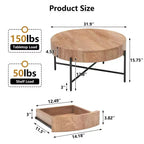 Table basse ronde avec tiroirs, table basse de ferme avec rangement, table basse d'appoint en bois naturel pour salon