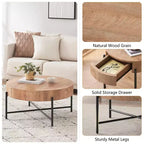 Table basse ronde avec tiroirs, table basse de ferme avec rangement, table basse d'appoint en bois naturel pour salon