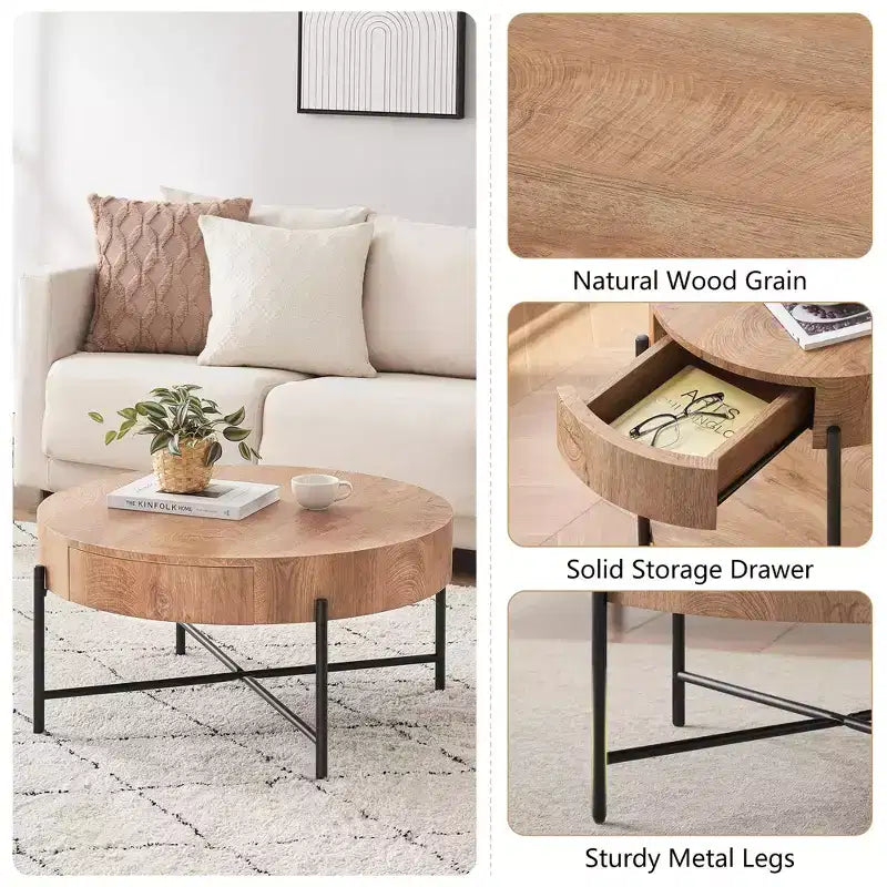 Table basse ronde avec tiroirs, table basse de ferme avec rangement, table basse d'appoint en bois naturel pour salon