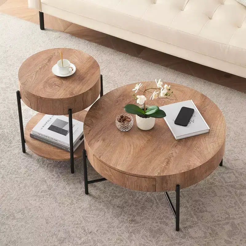 Table basse ronde avec tiroirs, table basse de ferme avec rangement, table basse d'appoint en bois naturel pour salon