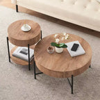 Table basse ronde avec tiroirs, table basse de ferme avec rangement, table basse d'appoint en bois naturel pour salon