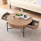 Table basse ronde avec tiroirs, table basse de ferme avec rangement, table basse d'appoint en bois naturel pour salon