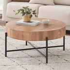 Table basse ronde avec tiroirs, table basse de ferme avec rangement, table basse d'appoint en bois naturel pour salon
