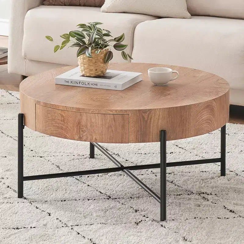 Table basse ronde avec tiroirs, table basse de ferme avec rangement, table basse d'appoint en bois naturel pour salon
