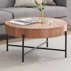 Table basse ronde avec tiroirs, table basse de ferme avec rangement, table basse d'appoint en bois naturel pour salon