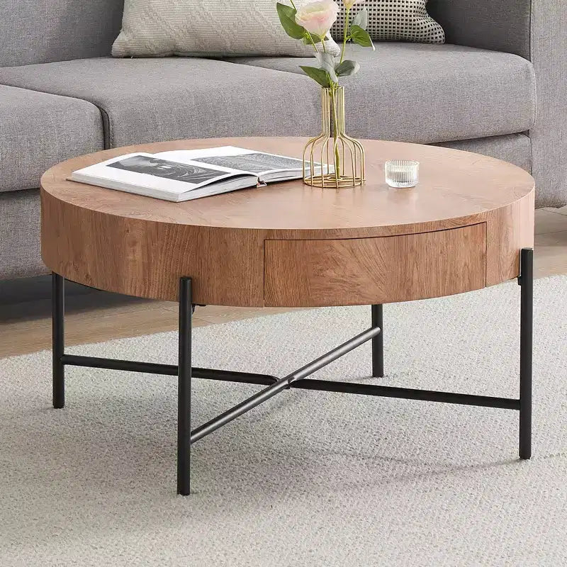 Table basse ronde avec tiroirs, table basse de ferme avec rangement, table basse d'appoint en bois naturel pour salon