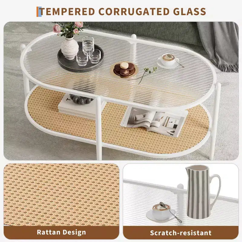 Table basse, rotin double couche avec plateau en verre trempé, verre ondulé, style bohème, convient pour le salon, le bureau et la décoration intérieure.
