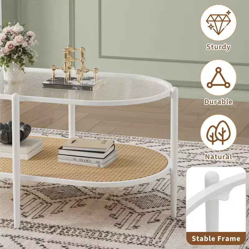 Table basse, rotin double couche avec plateau en verre trempé, verre ondulé, style bohème, convient pour le salon, le bureau et la décoration intérieure.