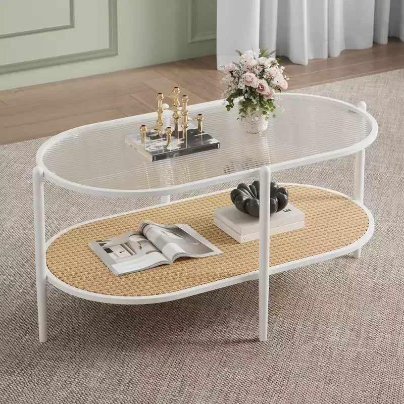 Table basse, rotin double couche avec plateau en verre trempé, verre ondulé, style bohème, convient pour le salon, le bureau et la décoration intérieure.
