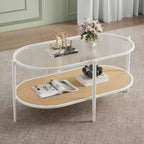 Table basse, rotin double couche avec plateau en verre trempé, verre ondulé, style bohème, convient pour le salon, le bureau et la décoration intérieure.