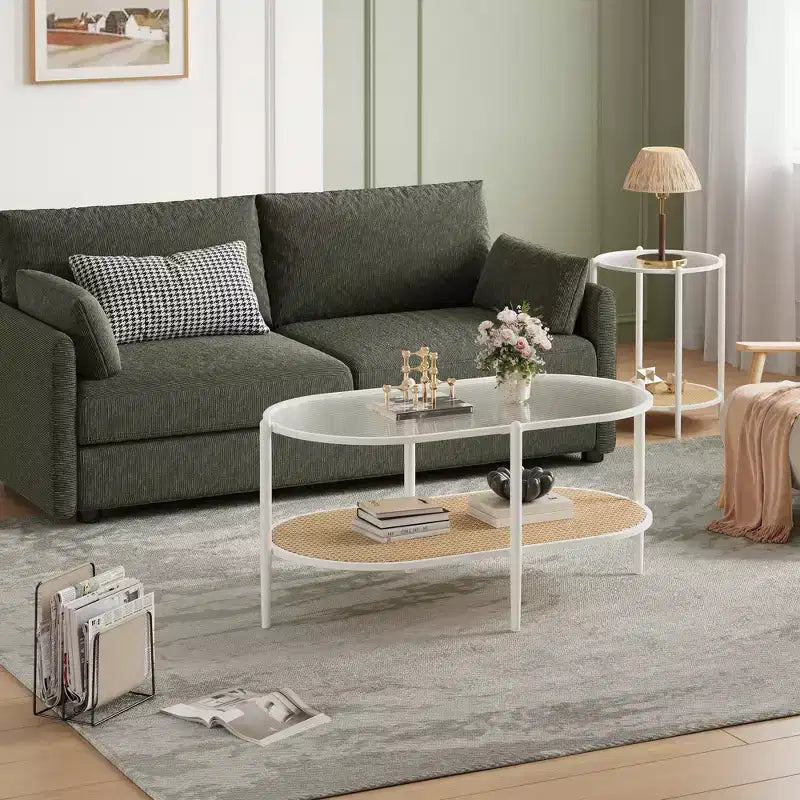 Table basse, rotin double couche avec plateau en verre trempé, verre ondulé, style bohème, convient pour le salon, le bureau et la décoration intérieure.