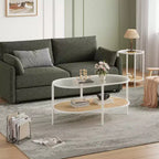 Table basse, rotin double couche avec plateau en verre trempé, verre ondulé, style bohème, convient pour le salon, le bureau et la décoration intérieure.