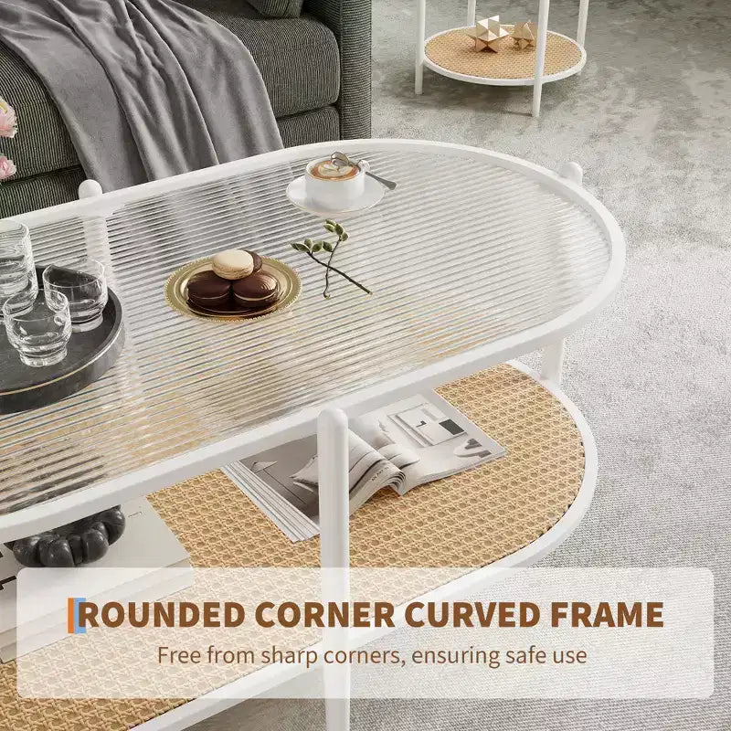 Table basse, rotin double couche avec plateau en verre trempé, verre ondulé, style bohème, convient pour le salon, le bureau et la décoration intérieure.
