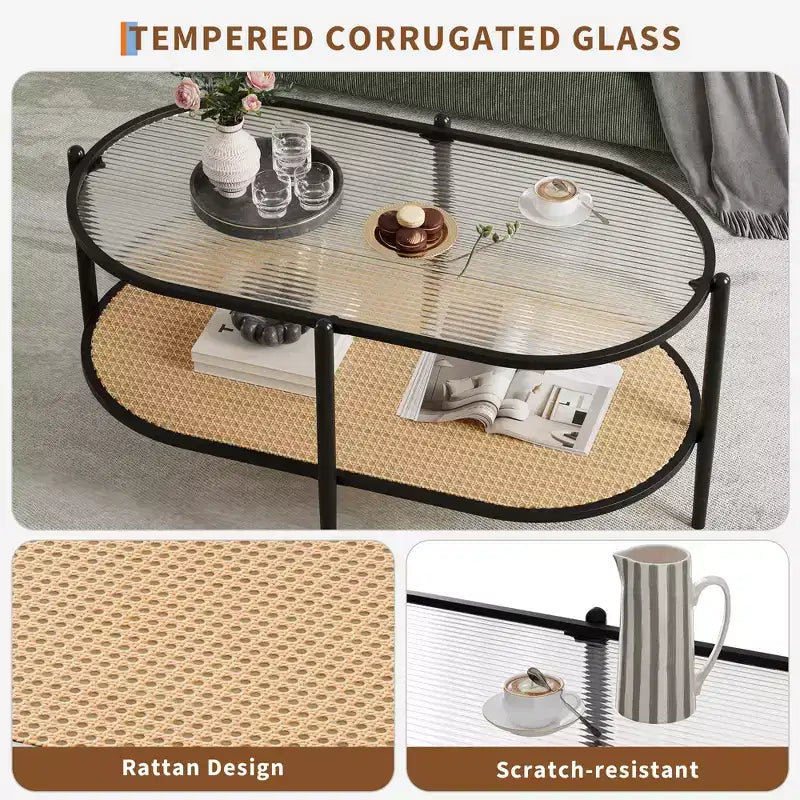 Table basse, rotin double couche avec plateau en verre trempé, verre ondulé, style bohème, convient pour le salon, le bureau et la décoration intérieure.