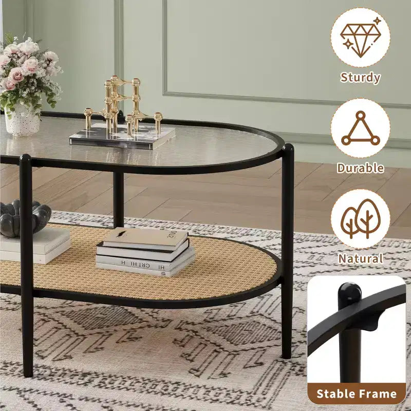 Table basse, rotin double couche avec plateau en verre trempé, verre ondulé, style bohème, convient pour le salon, le bureau et la décoration intérieure.