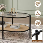 Table basse, rotin double couche avec plateau en verre trempé, verre ondulé, style bohème, convient pour le salon, le bureau et la décoration intérieure.