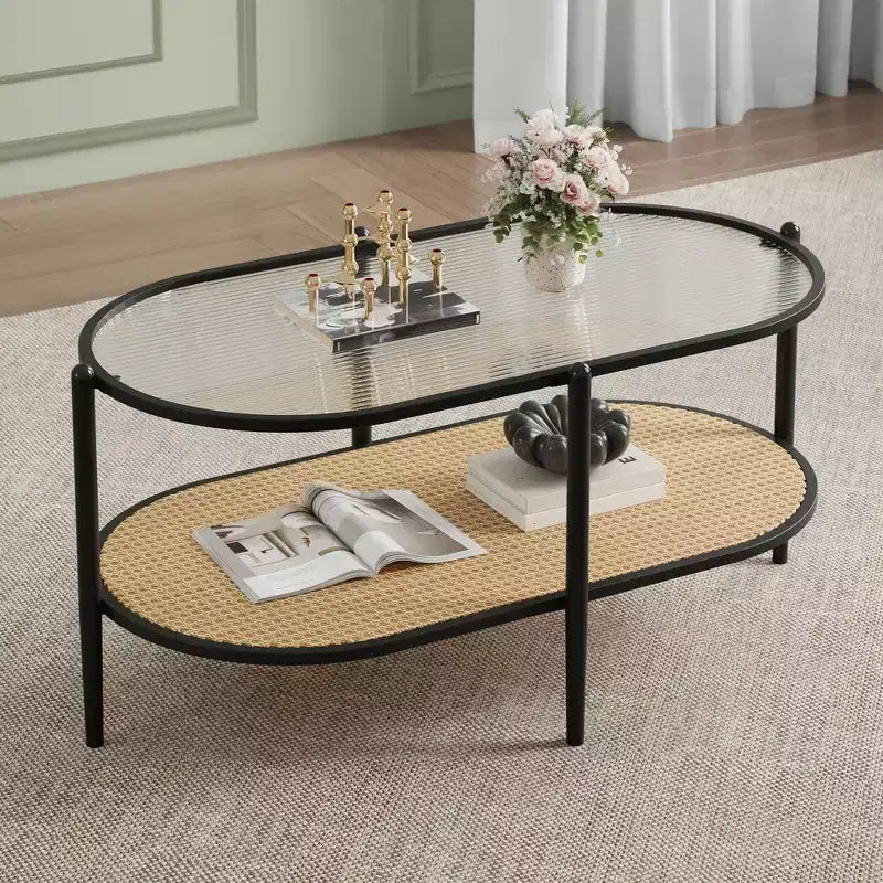 Table basse, rotin double couche avec plateau en verre trempé, verre ondulé, style bohème, convient pour le salon, le bureau et la décoration intérieure.