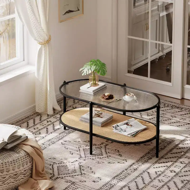 Table basse, rotin double couche avec plateau en verre trempé, verre ondulé, style bohème, convient pour le salon, le bureau et la décoration intérieure.
