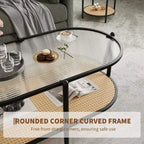 Table basse, rotin double couche avec plateau en verre trempé, verre ondulé, style bohème, convient pour le salon, le bureau et la décoration intérieure.