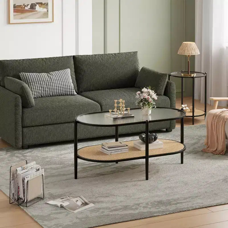 Table basse, rotin double couche avec plateau en verre trempé, verre ondulé, style bohème, convient pour le salon, le bureau et la décoration intérieure.