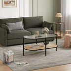 Table basse, rotin double couche avec plateau en verre trempé, verre ondulé, style bohème, convient pour le salon, le bureau et la décoration intérieure.