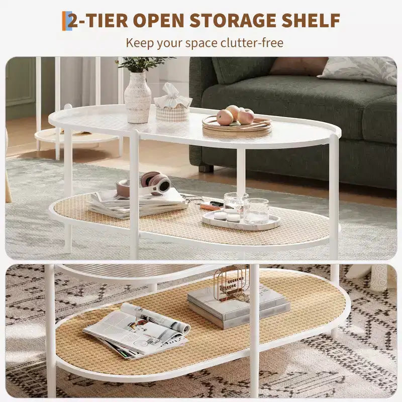 Table basse, rotin double couche avec plateau en verre trempé, verre ondulé, style bohème, convient pour le salon, le bureau et la décoration intérieure.