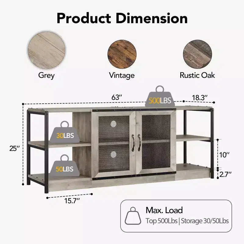 Meuble TV, convient aux téléviseurs de 65 pouces et plus, avec portes grillagées et étagères, style rustique, fonction de rangement, meuble de salon.